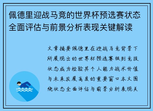 佩德里迎战马竞的世界杯预选赛状态全面评估与前景分析表现关键解读